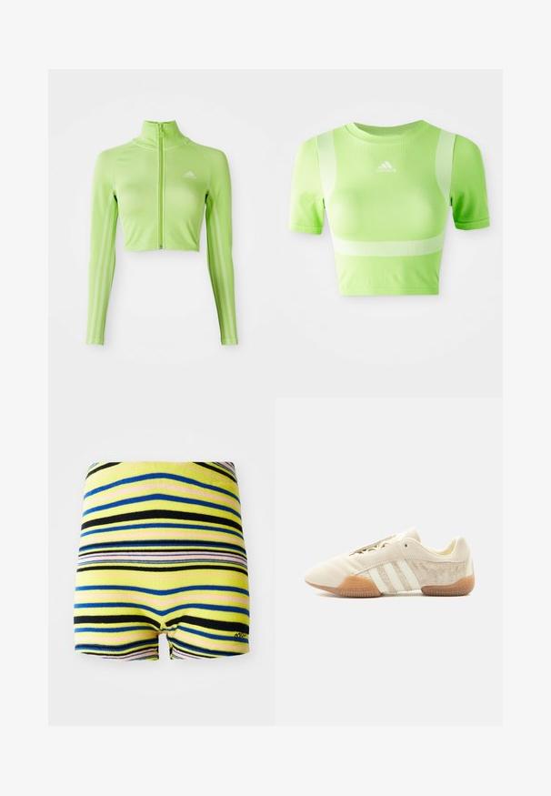 Neon groene langslavage crop athletisch top met rits aan de voorkant, hoge kraag, Adidas-logo op de linkerborst en drie strepen langs de mouwen.; Geknipt sportshirt van helder groene stof. Heeft korte mouwen, een ronde hals en een wit diagonale streepdesign op de schouders. adidas-logo aan de voorkant.; Gestreepte shorts met gele, blauwe, zwarte en roze horizontale lijnen. Zacht materiaal met een elastische tailleband en afgeknipte broekspijpen.; Lage beige sneaker met drie witte strepen, gestructureerde suède zijpanelen, rubberen zool en vetersluiting op een effen achtergrond.