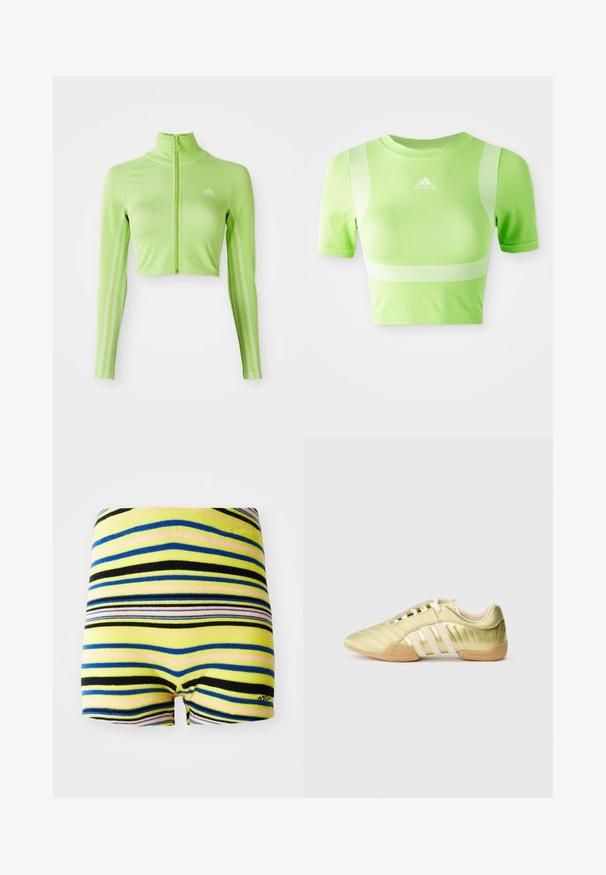 Neon groene langslavage crop athletisch top met rits aan de voorkant, hoge kraag, Adidas-logo op de linkerborst en drie strepen langs de mouwen.; Geknipt sportshirt van helder groene stof. Heeft korte mouwen, een ronde hals en een wit diagonale streepdesign op de schouders. adidas-logo aan de voorkant.; Gestreepte shorts met gele, blauwe, zwarte en roze horizontale lijnen. Zacht materiaal met een elastische tailleband en afgeknipte broekspijpen.; Synthetische sportschoen in limoengroen met een gladde textuur, voorzien van drie witte strepen, een zachte binnenvoering en een gestructureerde rubberen buitenzool.