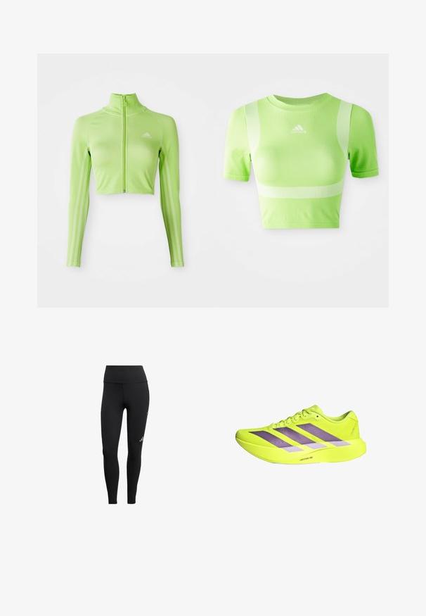 Haut de sport cropped à manches longues vert fluo avec fermeture éclair à l'avant, col montant, logo Adidas sur la poitrine gauche et trois bandes le long des manches.; T-shirt de sport coupé en tissu vert vif. Il dispose de manches courtes, d'un col rond et d'un motif de rayures blanches en diagonale sur les épaules. Logo adidas sur le devant.; Leggings noirs en tissu extensible, dotés d'une taille haute, d'un design épuré et d'un petit logo sur la jambe.; Chaussure de course jaune vif avec des rayures violettes et une semelle épaisse portant la mention « Lightstrike Pro » sur fond blanc.