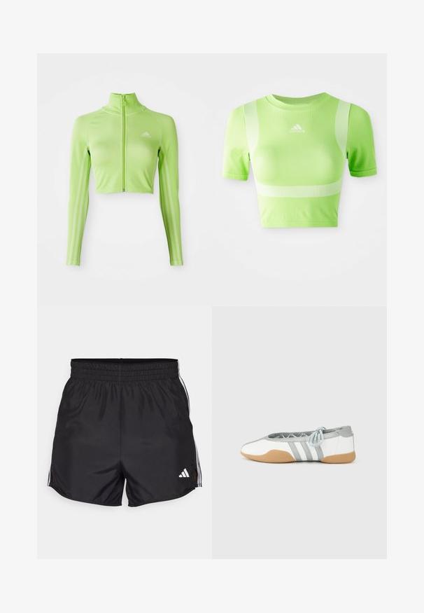 Neon grøn langærmet cropped sports top med frontlynlås, høj krave, Adidas-logo på venstre bryst og tre striber langs ærmerne.; Kappet atletisk skjorte i lys grøn stof. Har korte ærmer, rund hals og hvidt diagonalt stribemønster på skuldrene. adidas-logo på fronten.; Sort atletiske shorts med elastisk talje, sideslids og hvide tre-stribes detaljer. Har et lille hvidt logo nederst til højre.; Hvide og grå balletsko med rund tå og elastisk snøre, med tre grå striber og en beige gummisål.