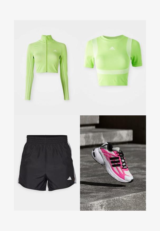 Neon groene langslavage crop athletisch top met rits aan de voorkant, hoge kraag, Adidas-logo op de linkerborst en drie strepen langs de mouwen.; Geknipt sportshirt van helder groene stof. Heeft korte mouwen, een ronde hals en een wit diagonale streepdesign op de schouders. adidas-logo aan de voorkant.; Zwarte sportshorts met een elastische tailleband, zijsplitten en witte drievoudige strepenaccenten. Bevat een klein wit logo op de rechteronderkant.; Witte en roze atletische sneaker met zwarte veters en strepen, die lijkt te zweven boven een grijs betonnen oppervlak en trappen.