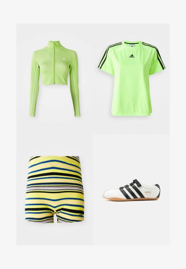 Neoonroheline pika varrukaga lühendatud sporditop, millel on esineed, kõrge kaelus, Adidas logo vasakul rinnal ja kolm triipu varrukatel.; Neoon roheline spordipaita, mis on valmistatud niiskust eemaldasest kangast. Omab musta kolmega triibuga disaini õlgadel ja logo, mis on keskel rinnal.; Ribadega lühikesed püksid, millel on kollased, sinised, mustad ja roosad horisontaalsed triibud. Pehme kangas, elastne vöökoht ja lõigatud jalgade äärised.; Valge Adidas Tokyo tennari mustade triipude, mustade takjakinnitustega ja kummist tallaga, näidatud küljelt valgel taustal.