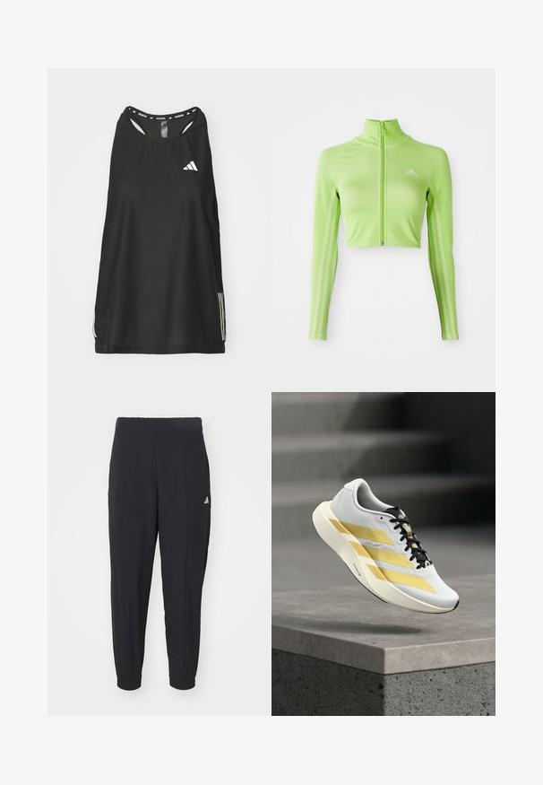 Neón zelený dlhý rukávový skrátený športový top s predným zipsom, vysokým golierom, logom Adidas na ľavej hrudi a tromi pruhmi pozdĺž rukávov.; Čierny bezrukávový športový top s okrúhlym výstrihom. Obsahuje biele logo a tri biele pruhy po stranách; vyrobený z priedušnej látky.; Čierne športové nohavice vyrobené z hladkej tkaniny. Zúžený strih s elastickými manžetami. Obsahujú malé biele logo na ľavom boku.; Biela športová obuv so zlatými pruhmi a čiernymi šnúrkami, ktoré sa vznášajú nad sivou betónovou hranou s rozmazanými schodmi v pozadí.