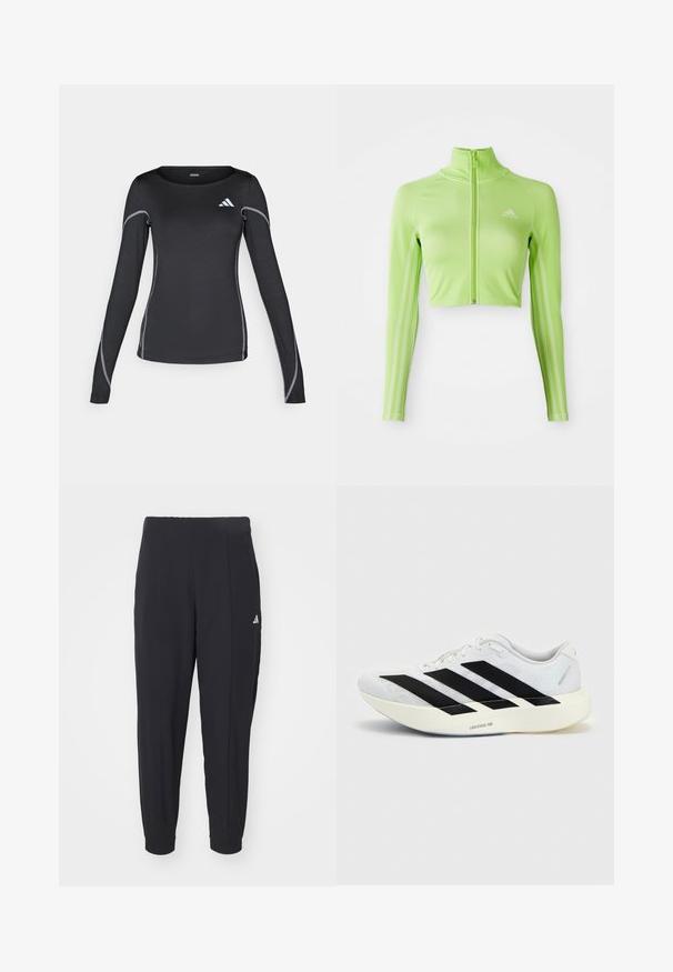Top deportivo corto de manga larga en verde neón con cremallera en la parte delantera, alto cuello, logo de Adidas en el lado izquierdo del pecho y tres rayas a lo largo de las mangas.; Camisa deportiva de manga larga negra con cuello redondo y costuras reflectantes en plata. Presenta un pequeño logo blanco en la parte superior izquierda.; Pantalones deportivos negros fabricados con una tela suave. Diseño entallado con puños elásticos. Presenta un pequeño logo blanco en la cadera izquierda.; Zapatilla de running blanca con diseño negro de tres franjas en el lateral y suela blanca gruesa con la etiqueta "Lightstrike Pro" sobre fondo liso.