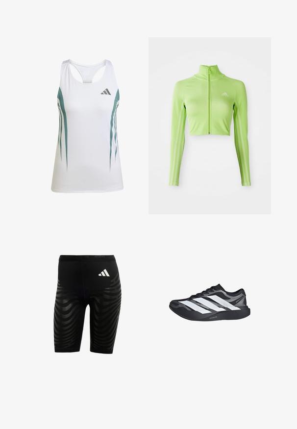 Neon groene langslavage crop athletisch top met rits aan de voorkant, hoge kraag, Adidas-logo op de linkerborst en drie strepen langs de mouwen.; Witte sportieve tanktop met teal accenten en een geometrisch patroon. Beschikt over een racerback ontwerp en een lichte, gestructureerde stof.; Zwarte sportieve shorts met een gestructureerd ontwerp en golvende strepen. Witte logo op de tailleband, gemaakt van vochtafvoerend materiaal.; Zwart-grijze hardloopschoen met drie grote witte strepen aan de zijkant en een dikke zwarte zool met het label "Lightstrike Pro".