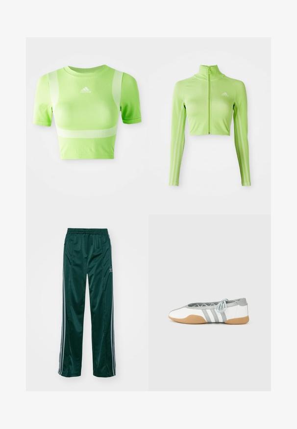 Neonvihreä pitkähihaisten lyhyt urheilu paita, jossa on edessä vetskari, korkea kaulus, Adidas-logo vasemmassa rinnassa ja kolme raitaa hihoissa.; Urheilullinen lyhythihainen paita kirkkaan vihreästä kankaasta. Ominaisuudet: lyhyet hihat, pyöreä kaula-aukko ja valkoinen vinoraitakuviotus harteilla. adidas-logo edessä.; Tummanvihreät urheiluhousut, jotka on valmistettu kiiltävästä materiaalista. Housuissa on vaaleanharmaat sivuviivat ja embroidered logo vasemmassa jalassa.; Valkoiset ja harmaat balleriinat pyöreällä kärjellä ja joustavalla nauhalla, joissa on kolme harmaata raitaa ja beige kumipohja.