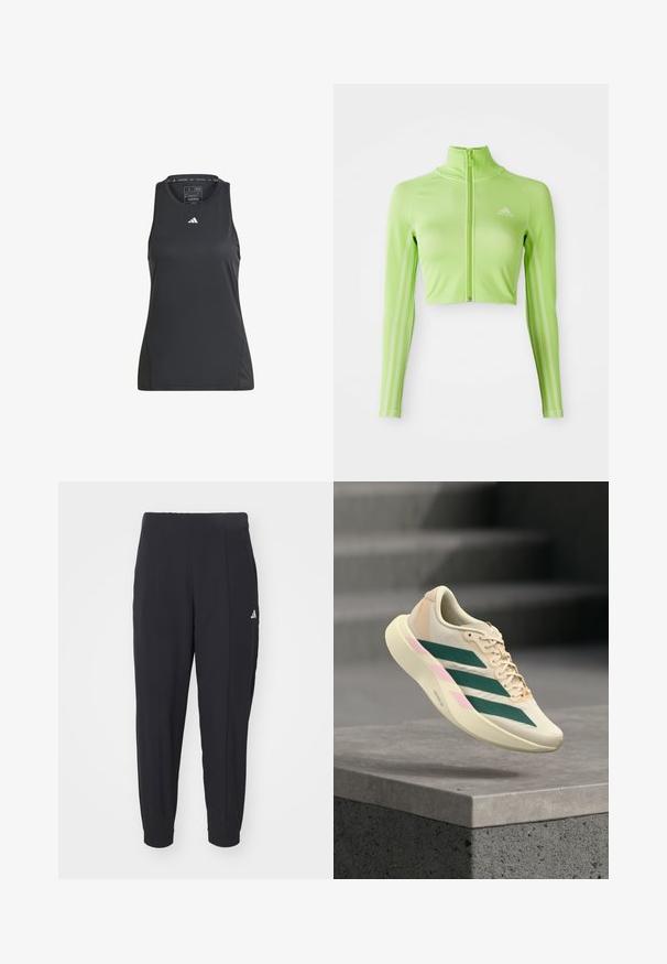 Haut de sport cropped à manches longues vert fluo avec fermeture éclair à l'avant, col montant, logo Adidas sur la poitrine gauche et trois bandes le long des manches.; Débardeur de sport noir en matériau synthétique. Avec un col rond et un petit logo Adidas blanc sur la poitrine. Texture lisse.; Pantalons de sport noirs en tissu lisse. Design ajusté avec des poignets élastiques. Présente un petit logo blanc sur la hanche gauche.; Chaussure de sport beige clair avec des bandes vert foncé et des accents roses, flottant au-dessus d'un rebord en béton dans un escalier flou.
