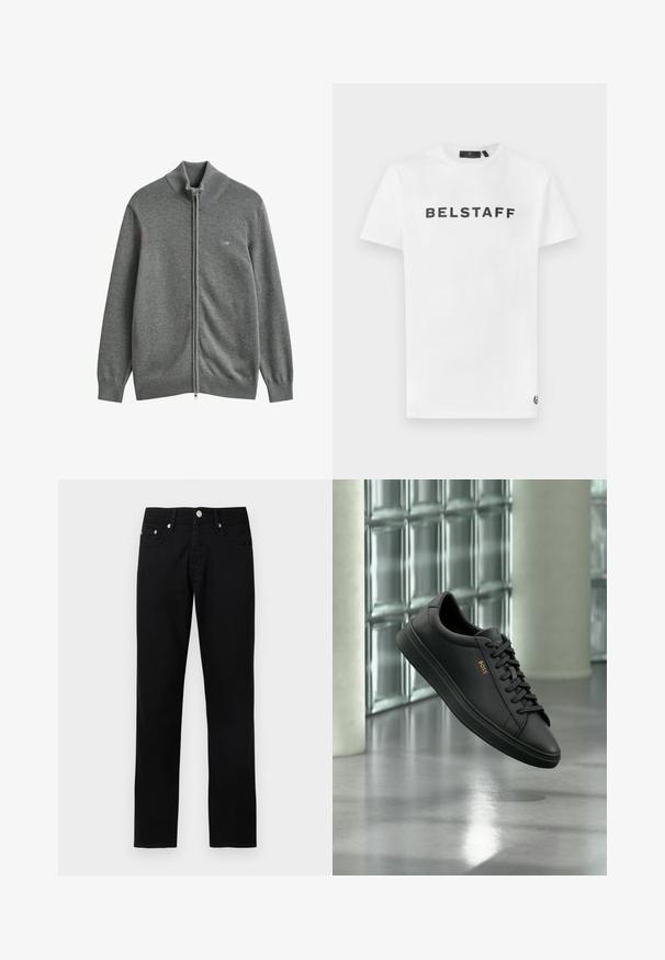 Grau gestrickter Cardigan mit Reißverschluss, gerippten Bündchen, Kragen und Saum, mit kleinem gesticktem Logo auf der linken Brust.; Weißes Baumwoll-T-Shirt mit einem schwarzen "BELSTAFF"-Logo auf der Vorderseite. Klassischer Rundhalsausschnitt und kurze Ärmel mit einem kleinen Logodetail am Saum.; Schwarze Jeans mit geradem Bein, vorderer Knopfleiste, Reißverschluss, Gürtelschlaufen und fünf Taschen auf hellgrauem Hintergrund.; Schwarzer flacher Ledersneaker mit schwarzen Schnürsenkeln und goldenem BOSS-Logo an der Seite, schwebend über einem glänzenden grauen Boden in einem modernen Innenraum.