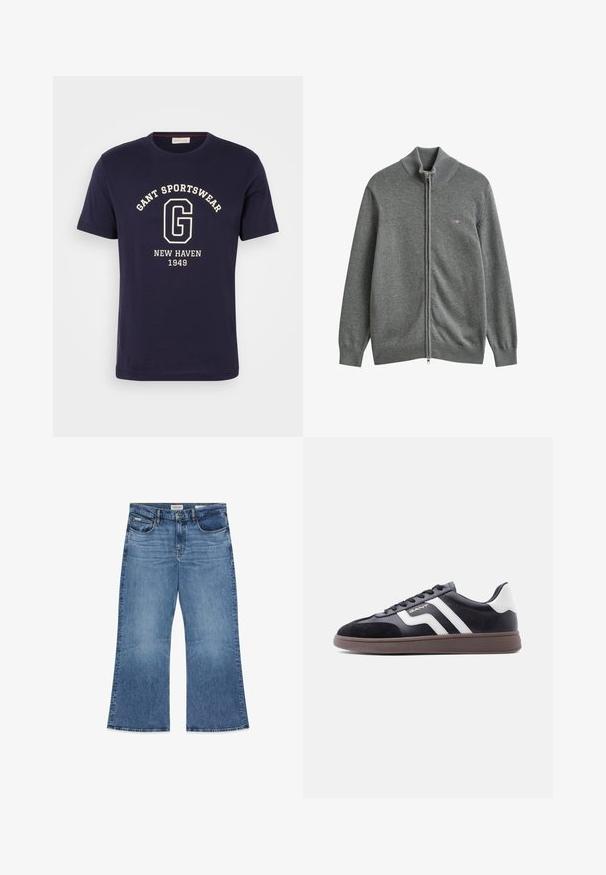 Grå strikket cardigan med lynlås, med ribstrikkede manchetter, krave og kant, med et lille broderet logo på venstre bryst.; Marineblå bomulds T-shirt med et hvidt grafisk design med "GANT SPORTSWEAR," "NEW HAVEN," og "1949." Rund halsudskæring og korte ærmer.; Blå denimjeans med høj talje, knap- og lynlåslukning, fem lommer og brede, lige ben.; Sorte sneakers med ruskind og syntetisk materiale, hvide diagonale striber og en brun tekstureret sål. Har snøredesign og polstret krave.