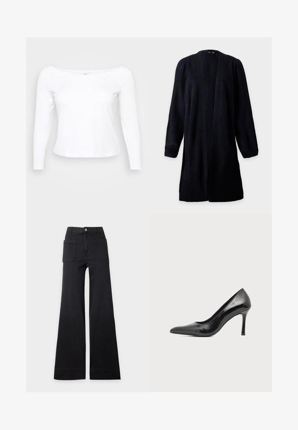 Lang sort cardigan med åben front og puffede lange ærmer på en lys baggrund.; Hvid langærmet skjorte med bred halsudskæring, lavet af blødt og glat materiale. Har et tætsiddende design og en cropped kant.; Sorte bukser med høj talje og vide ben med frontlommer med lap og knaplukning, lagt fladt på en ensartet lys baggrund.; Sort laklæder damestilet med spids tå og slank hæl på en ensartet lys baggrund.