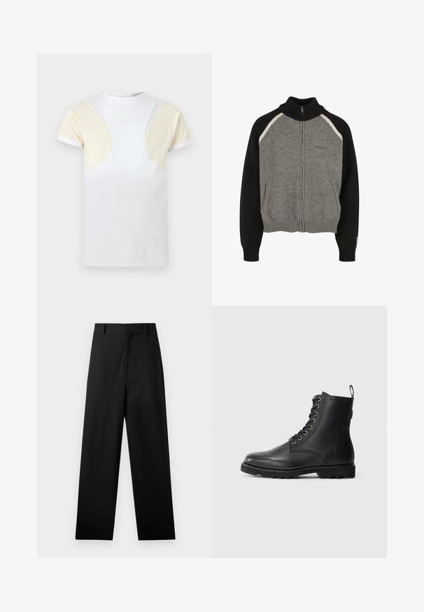 Pull gris et noir à fermeture éclair avec un col montant, des poignets côtelés et deux poches avant. Présente des accents contrastés blancs sur les épaules.; T-shirt blanc à manches courtes avec des panneaux en mesh beige sur les épaules et le haut de la poitrine, avec un logo texte discret à l'avant.; Pantalons noirs en coton avec une coupe droite, dotés d'une fermeture à bouton à l'avant et de poches latérales. Texture lisse, sans motifs.; Bottine en cuir noir avec bout rond, design à lacets et œillets métalliques. Dispose d'une semelle texturée et d'une languette au talon pour un enfilage facile.