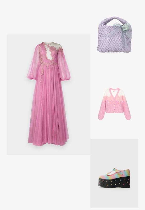 Roze-witte, pluizige gebreide cardigan met een zigzagpatroon, grote knopen aan de voorkant en ronde roze pailletten versieringen over de borst.; Lange roze jurk gemaakt van doorschijnende stof, met een doorschijnende lijfje met bloemenborduursels, ballonmouwen en een vloeiende rok.; Glanzende regenboog platform schoenen met een T-band, versierd met een stervormige gesp en meerkleurige sterrenstuds op een zwarte basis.; Lavendelkleurige geweven handtas met gevlochten handvat, versierd met een doorschijnend kanten lint en een cluster van lichtgroene kralen.