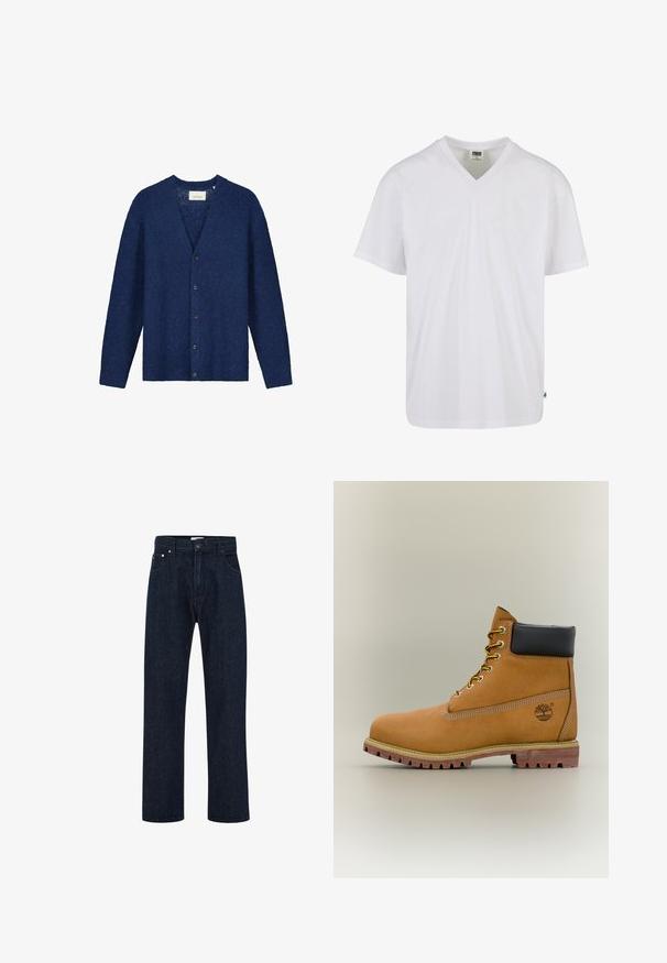 Mørkeblå cardigan lavet af tekstureret strikket stof, med V-udskæring, lange ærmer og seks knapper foran.; Urban Classics T-shirts basic - white; Mørkeblå lige denim jeans med foran knap- og lynlåslukning, bælteholdere og forlommer.; Brun læderankelstøvle med sort krave, gule snørebånd og tanfarvet sål. Har logo og hvide syninger som detalje. Robust ydersål med greb.