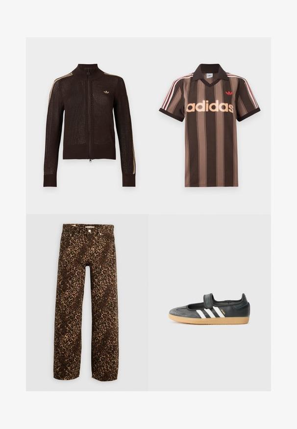 Tmavohnedá pletená bunda na zips s béžovými pruhmi na rukávoch a malým béžovým logom Adidas trefoil na ľavej strane hrudníka.; Hnedé prúžkované polo tričko Adidas s výstrihom do V, bordovým golierom a červeným logom. Má bielo-červené pruhy na ramenách a krátke rukávy.; Džínsy s potlačou leopardieho vzoru, široké nohavice v hnedej a béžovej farbe. Vyrobené z denimu, s klasickým dizajnom piatich vreciek a kovovými detailmi.; Čierne kožené a zamšové tenisky s Velcro pásikom, s tromi bielymi pruhmi a gumenou podrážkou, označené nápisom "SAMBA" na boku.