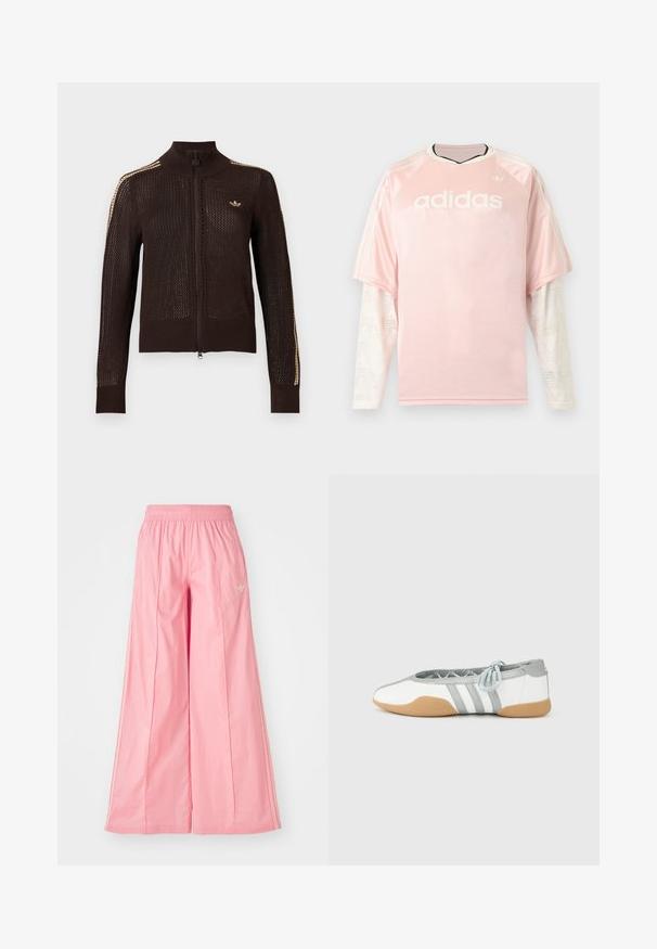 Mørkebrun strikket jakke med lynlås med beige striber på ærmerne og lille beige Adidas trefoil-logo på venstre bryst.; Lyserød Adidas langærmet trøje med hvide mønstrede mesh-ærmer og Adidas-logo på brystet mod en grå baggrund.; Lyserøde brede bukser lavet af let materiale, med elastisk talje og diskrete hvide side striber. Lille logo på fronten.; Hvide og grå balletsko med rund tå og elastisk snøre, med tre grå striber og en beige gummisål.