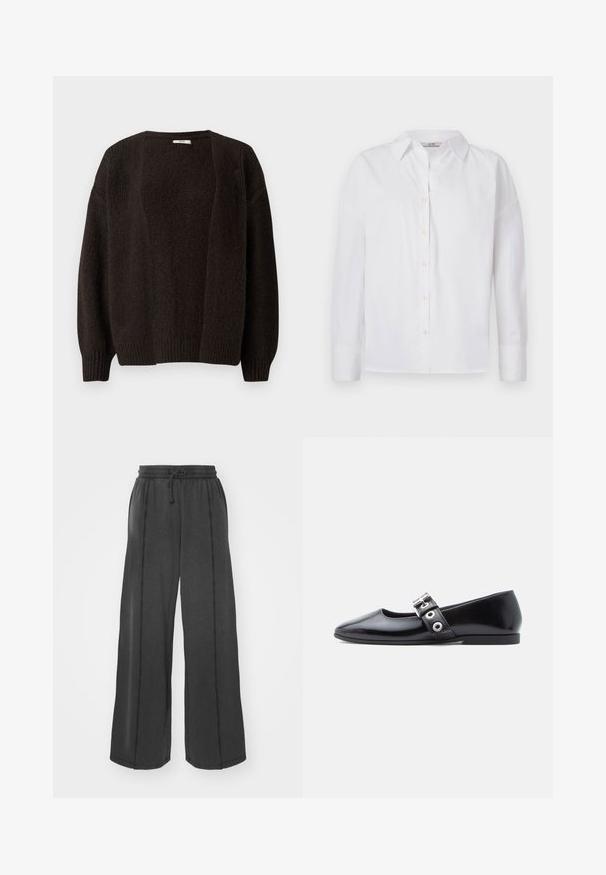 Mørkebrunt strikket cardigan med en løs pasform, rund hals og ribbede manchetter. Den har et tekstureret mønster langs kroppen og en åben front.; Hvid skjorte med knapper, lavet af bomuld, med lange ærmer, klassisk krave og subtile syningsdetaljer.; Bredde sorte bukser lavet af blødt stof med elastisk talje og snøre. Har kontrasterende syninger langs sidesømmene.; Sort laklæder flad sko med firkantet tå, sidespænde detalje og en lav, rund hæl. Glat tekstur og minimalistisk design.