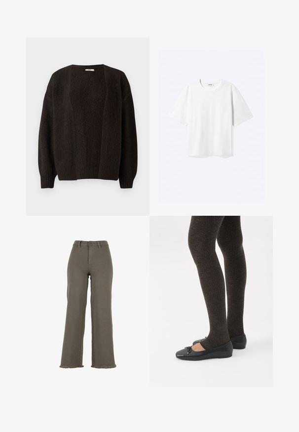 Dunkelbrauner, locker geschnittener Strickcardigan mit Rundhalsausschnitt und gerippten Bündchen. Mit strukturiertem Muster entlang des Körpers und offenem Frontdesign.; Weißes T-Shirt mit kurzen Ärmeln und Rundhalsausschnitt mit geradem Saum, innen mit gebrandetem "WEEKDAY"-Label am Kragen.; Weit geschnittene Hosen mit hoher Taille in Olivgrün mit Knopf- und Reißverschluss, Gürtelschlaufen und ausgefransten Säumen.; Beine in dunklen, gerippten Leggings kombiniert mit schwarzen Ballerinas mit kleinen Schleifendetails auf weißem Hintergrund.