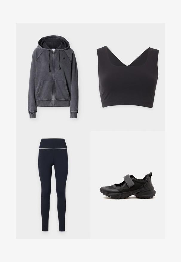 Mørkegrå hættetrøje med lynlås, forlommer, snøre i hætten, ribstrikkede ærmeafslutninger og lille broderet Champion-logo på brystet og ærmet.; Sort ærmeløs crop top med brede stropper og dyb V-hals på en ensfarvet lys baggrund.; Marineblå tætsiddende leggings lavet af strækbart stof, med en bred talje med reflekterende kant langs toppen for synlighed.; Sort atletisk Mary Jane-stil sko med tyk sål med mønster, justerbar rem over toppen og en trækflig ved hælen.