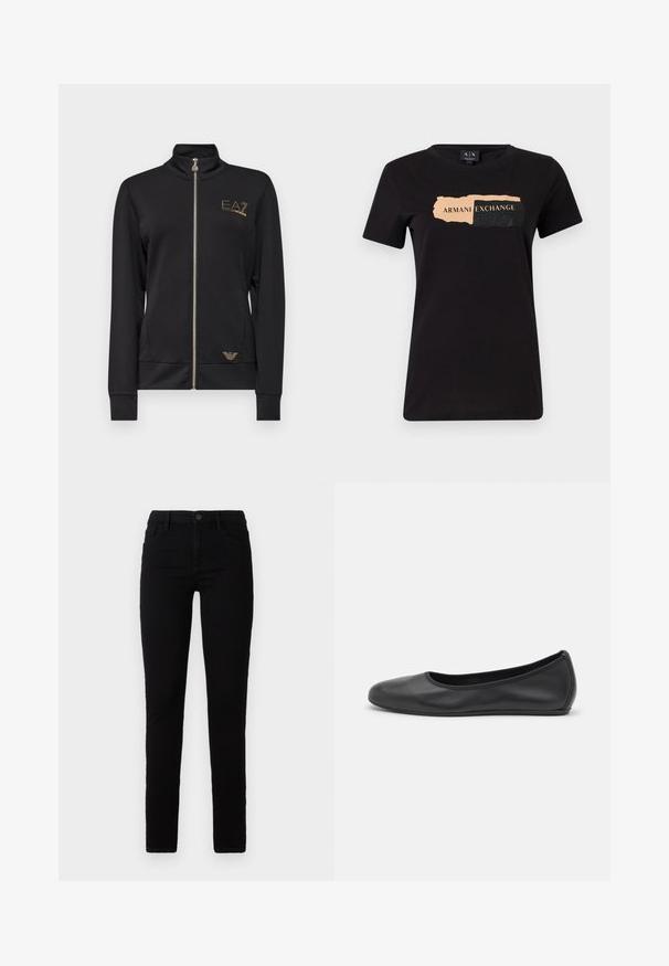 Zwarte zip-up jack met hoge kraag, gemaakt van gladde stof. Kenmerkt zich door gouden logo-accenten en een aangesloten ontwerp met ribgebreide manchetten.; Zwarte t-shirt van katoen, met een grafisch ontwerp met "ARMANI EXCHANGE" in licht perzik en zwarte textuuraccenten. Regular fit.; Zwarte skinny jeans, gemaakt van een katoenen mix-stof. Kenmerkt zich door vijf zakken, een knoopsluiting en een aansluitend ontwerp. Gladde textuur.; Zwarte leren ballerina met een ronde neus, gladde textuur, minimale stikdetails en een flexibele zoolontwerp.