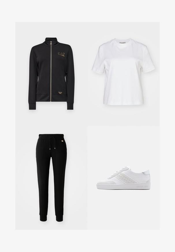 Zwarte zip-up jack met hoge kraag, gemaakt van gladde stof. Kenmerkt zich door gouden logo-accenten en een aangesloten ontwerp met ribgebreide manchetten.; AllSaints LISA TEE - T-shirt basic - white; Zwarte tapered sweatpants met een tailleband met trekkoord en manchetten bij de enkels, weergegeven op een eenvoudige witte achtergrond.; Witte lage sneaker met geperforeerd geometrisch zijpaneel, suède accenten op teen en hiel, veterluiting en een geperst merkembleem op de zool.