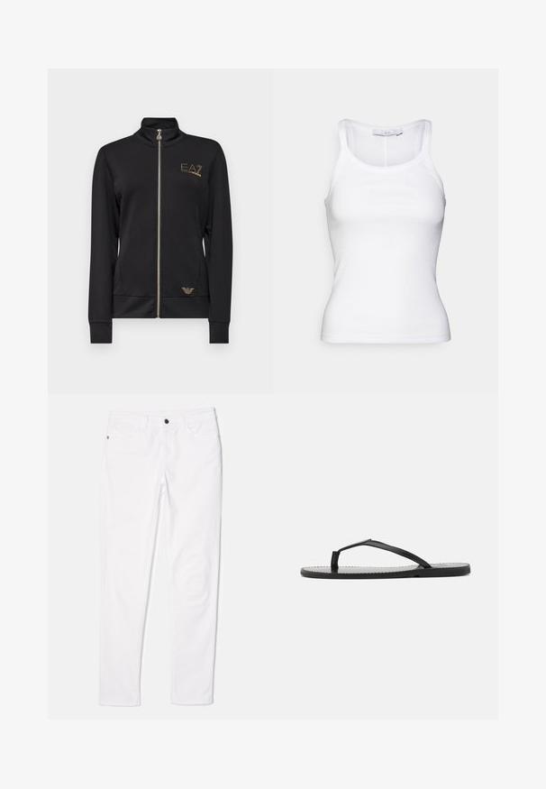 Sort zip-jakke med høj krave, lavet af glat stof. Har guld logo detaljer og en tætsiddende pasform med ribbede manchetter.; Hvid bomulds tanktop med en tætsiddende design, ribbet tekstur og smalle stropper. Sømløse kanter ved udskæringen og i kanten.; Hvide bomuldsjeans med et tætsiddende design, fem lommer, en enkelt baglomme og lynlås foran. Glat tekstur og lige ben.; Sorte flip-flops med minimalistisk design, der har tynde stropper og en flad sål. Materialet ser ud til at være plast med en glat overflade.