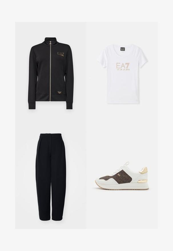 Zwarte zip-up jack met hoge kraag, gemaakt van gladde stof. Kenmerkt zich door gouden logo-accenten en een aangesloten ontwerp met ribgebreide manchetten.; Witte katoenen T-shirt met een ronde hals, voorzien van een gouden strass logo "EA7 EMPORIO ARMANI" gecentreerd aan de voorkant.; Zwarte high-waisted broek met een losse pasvorm, voorzien van voorplooien, een gladde textuur en zonder zichtbare zakken of versieringen.; Witte sneakers met bruine patroonstofpanelen, gouden hardwareaccenten, ronde neus, vetersluiting en gestructureerde rubberen zool.