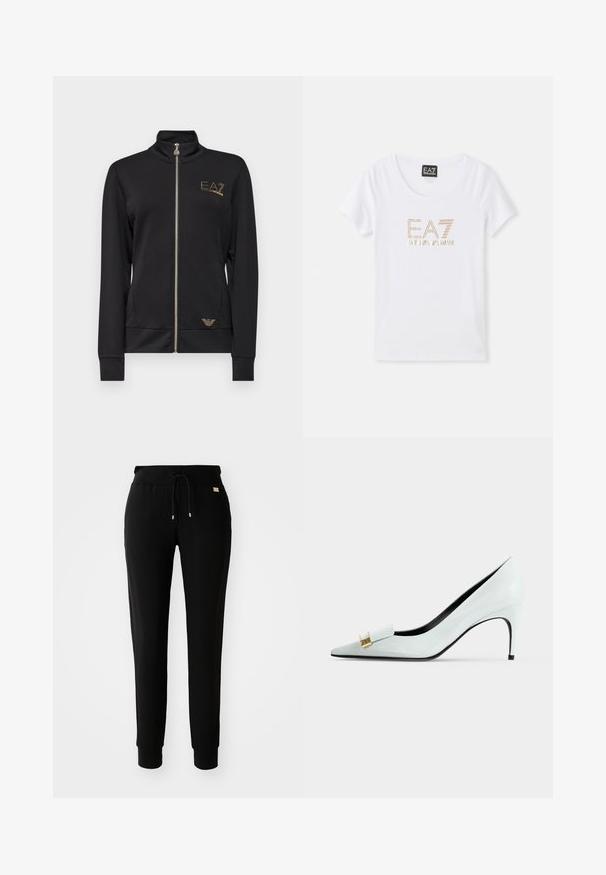 Black zip-up jacket with a high collar, made from smooth fabric. Features gold logo accents and a fitted design with ribbed cuffs.; White cotton T-shirt with a round neckline, featuring a gold-toned rhinestone logo "EA7 EMPORIO ARMANI" centered on the front.; Black tapered sweatpants with drawstring waist and cuffed ankles, displayed on a plain white background.; White leather pointed-toe high heel with gold-tone decorative buckle and slim heel on a plain light background.