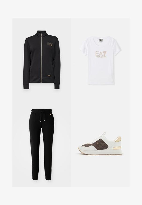 Veste noire zippée avec col haut, fabriquée dans un tissu lisse. Présente des accents de logo doré et un design ajusté avec des poignets côtelés.; T-shirt en coton blanc avec un col rond, arborant un logo en strass doré "EA7 EMPORIO ARMANI" centré sur le devant.; Pantalons de survêtement noirs fuselés avec taille élastique à cordon de serrage et chevilles côtelées, présentés sur un fond blanc uni.; Baskets blanches avec un panneau en tissu à motif marron, accents en métal doré, bout rond, design à lacets et semelle en caoutchouc texturé.