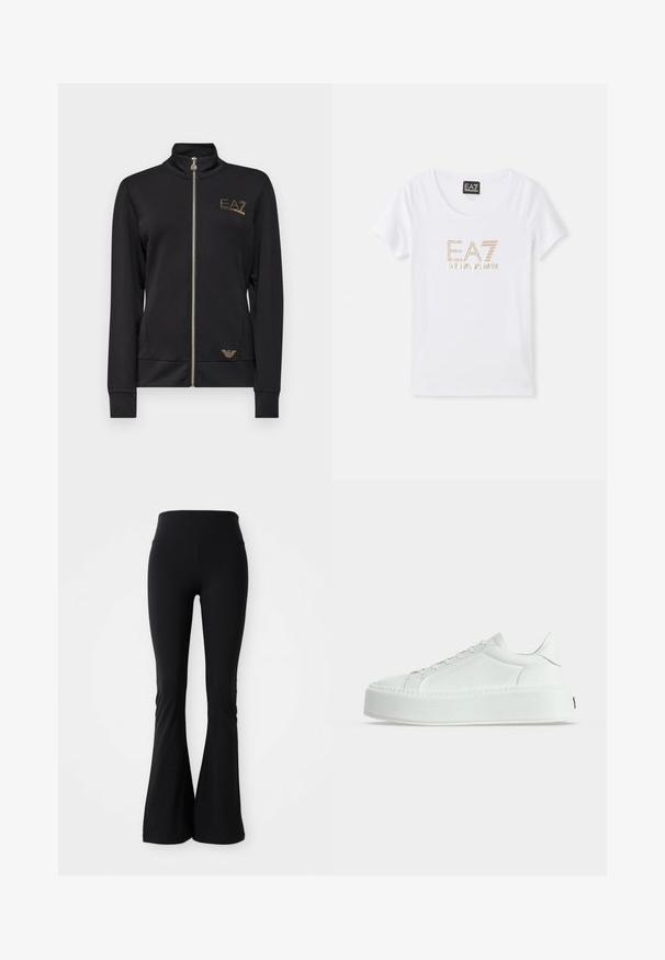 Veste noire zippée avec col haut, fabriquée dans un tissu lisse. Présente des accents de logo doré et un design ajusté avec des poignets côtelés.; T-shirt en coton blanc avec un col rond, arborant un logo en strass doré "EA7 EMPORIO ARMANI" centré sur le devant.; Leggings évasés noirs fabriqués en matériau extensible, dotés d'une taille haute et d'une texture lisse. Aucun motif ou quincaillerie visible.; Baskets basses blanches en cuir texturé, semelle épaisse à plateforme et fermeture à lacets, vues de profil sur fond uni.