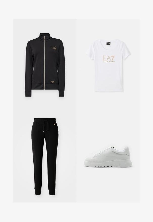 Zwarte zip-up jack met hoge kraag, gemaakt van gladde stof. Kenmerkt zich door gouden logo-accenten en een aangesloten ontwerp met ribgebreide manchetten.; Witte katoenen T-shirt met een ronde hals, voorzien van een gouden strass logo "EA7 EMPORIO ARMANI" gecentreerd aan de voorkant.; Zwarte tapered sweatpants met een tailleband met trekkoord en manchetten bij de enkels, weergegeven op een eenvoudige witte achtergrond.; Witte sneakers met een bovenwerk van gemarmerd leer, ronde neus en vetersluiting. Dikke witte rubberen zool met een gemarmerd grippatroon.