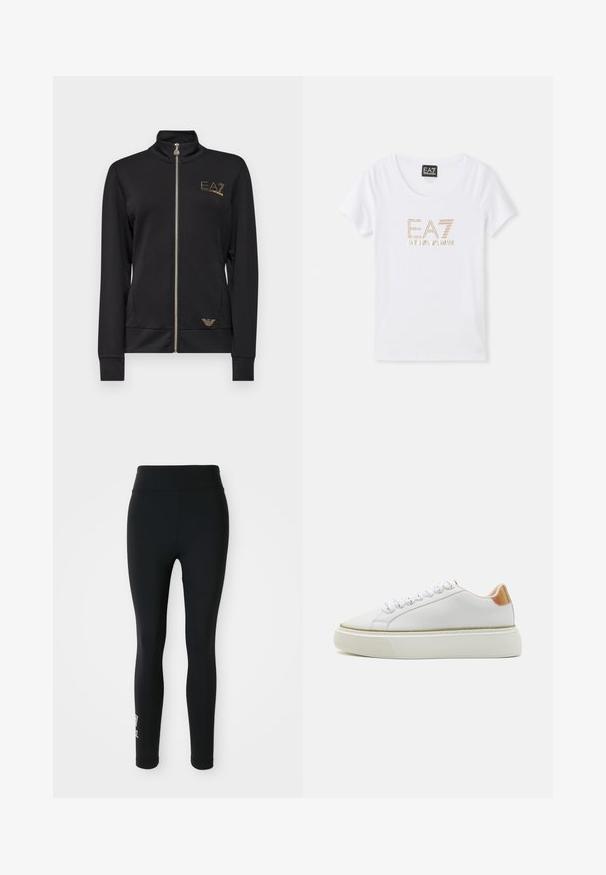 Sort zip-jakke med høj krave, lavet af glat stof. Har guld logo detaljer og en tætsiddende pasform med ribbede manchetter.; Hvid bomulds T-shirt med rund halsudskæring, prydet med et logo i gyldent rhinestones "EA7 EMPORIO ARMANI" centreret på forsiden.; Sorte leggings lavet af strækbart stof, med en høj talje og et lille trykt logo på det ene ben. Glat tekstur, tætsiddende design.; Hvid sneakers med en glat læderoverdel, tekstureret gummisål, rund tå og en refleksdetalje ved hælen.