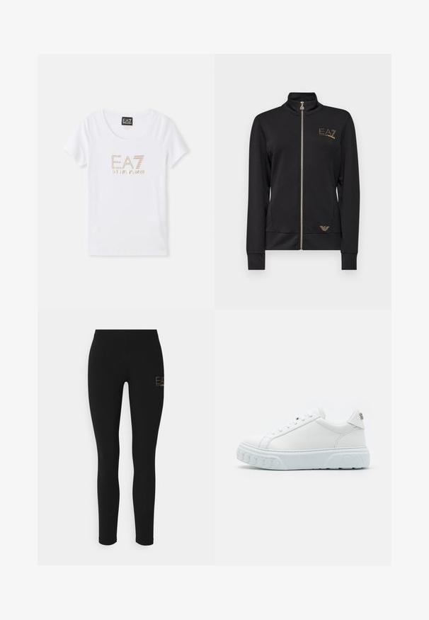 Schwarze Zip-up-Jacke mit hohem Kragen, aus glattem Stoff gefertigt. Verfügt über goldene Logo-Akzente und ein tailliertes Design mit gerippten Bündchen.; Weißes Baumwoll-T-Shirt mit Rundhalsausschnitt, versehen mit einem goldfarbenen Strass-Logo "EA7 EMPORIO ARMANI", das zentral auf der Vorderseite platziert ist.; Schwarze Leggings mit Slim-Fit, gefertigt aus dehnbarem Material, mit einem goldenen Logo auf der linken Seite. Glatte Textur, ganzflächiges Design.; Weiße Leder-Sneaker mit abgerundetem Zehenbereich, robuster weißer Sohle und erhöhten Mustern auf der Sohle. Mit einem dezenten Logo an der Ferse.