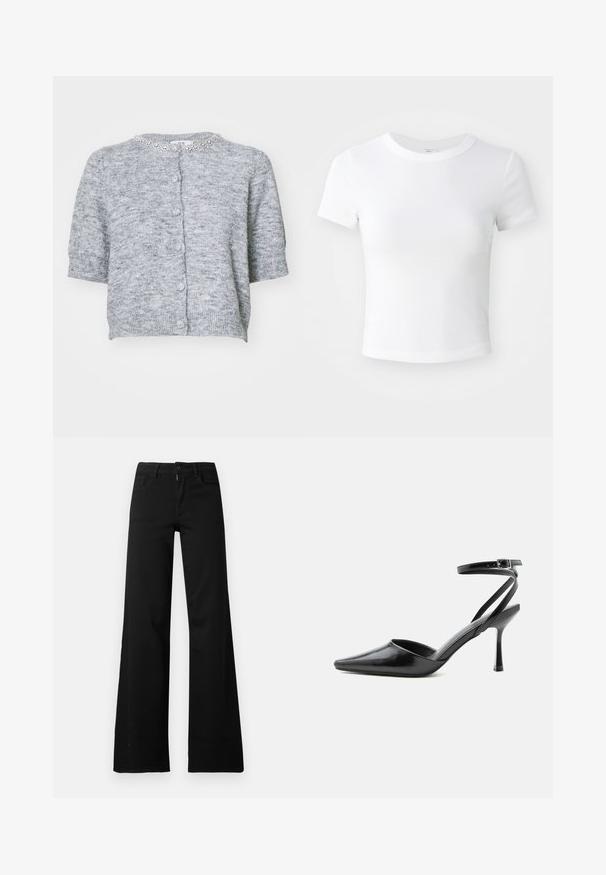 Grauer Kurzarm-Cardigan mit strukturiertem Strick, runder Halslinie und verziertem Kragen. Mit vorderen Knöpfen und gerippten Bündchen.; Weißes, kurzärmeliges, cropped T-Shirt mit Rundhalsausschnitt, auf einem neutralen, hellen Hintergrund präsentiert.; Schwarze hoch taillierte Hose mit weitem Bein, vorne mit Knopf- und Reißverschluss, Gürtelschlaufen und Vordertaschen auf weißem Hintergrund.; Schwarzer spitzer High Heel mit dünnen Knöchelriemen und silberner Schnalle auf einfachem hellem Hintergrund.