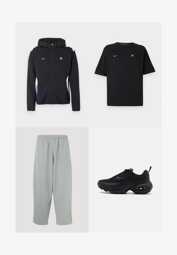 Musta vetoketjullinen huppari, jossa valkoiset ja siniset sivupaneelit, Nike-logo vasemmassa rinnassa ja pieni suorakaiteen muotoinen merkki oikeassa rinnassa.; Musta lyhythihainen Nike-urheilupaita, jossa valkoinen swoosh-logo vasemmassa rinnassa ja pieni neliömäinen merkki oikeassa rinnassa, yksivärinen tausta.; Vaaleanharmaat collegehousut, joissa on joustava vyötärönauha, kapeneva lahjemalli ja pehmeä materiaali. Ei näkyvää brändäystä tai kuoseja.; Musta urheilukenkä, jossa on sileä, teksturoitu päällinen. Varustettu pyöreällä kärjellä, pehmustetulla nilkalla ja näkyvällä ilmanalenkulalla pohjassa.
