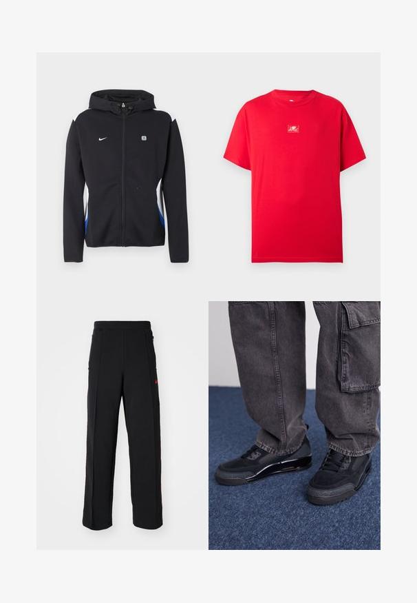 Musta vetoketjullinen huppari, jossa valkoiset ja siniset sivupaneelit, Nike-logo vasemmassa rinnassa ja pieni suorakaiteen muotoinen merkki oikeassa rinnassa.; Punainen, lyhythihainen, pyöreäkauluksinen t-paita, jossa pieni valkoinen cupido-grafiikka rinnan keskellä.; Mustat collegehousut, joissa on löysä malli, punaisilla yksityiskohdilla ja sivutaskuilla. Materiaali näyttää pehmeältä ja sileältä.; Mustat urheilukengät, joissa on teksturoitu pinta, sileät yksityiskohdat ja paksu pohja, yhdistettynä tummiin, löysiin cargo-housuihin.