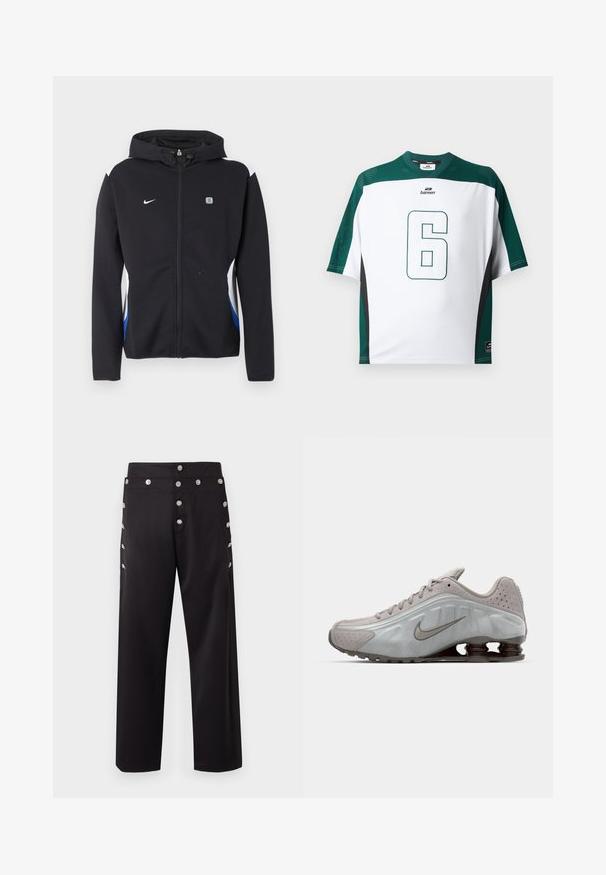 Must kapuutsiga lukuga jakk, millel on valged ja sinised külgpaneelid, Nike logo vasakul rinnal ja väike ristkülikukujuline märk paremal rinnal.; Valge ja roheline lühikeste varrukatega spordisärk, esiküljel number 6 ning sildi ja numbri kohal kaubamärgi nimi "bareen".; Mustad püksid sirge lõikega, valmistatud siledast kangast. Kaunistatud hõbedaste nööpidega külgedel, lisades detaili.; Nike jooksujalats helesinises värvitoonis, sujuva tekstuuri, kaarjate joontega ning tumeda pruuniga nähtavate pehmendavate vedrudega kandade juures.