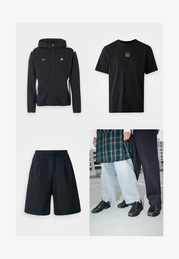 Chaqueta negra con capucha y cremallera, con paneles laterales blancos y azules, logotipo de Nike en el pecho izquierdo y pequeño emblema rectangular en el pecho derecho.; Camiseta negra de mangas cortas hecha de algodón, con un logo hexagonal de Nike en rojo y blanco en el pecho y un escote redondeado.; Pantalones cortos negros con cintura elástica y cordón ajustable. Hechos de una tela suave, con un corte holgado y sin patrones visibles.; Zapatillas deportivas negras con acentos de malla y goma. Combinadas con jeans de pierna ancha de color gris claro y una blusa de cuadros verdes. Fondo de superficie plana.
