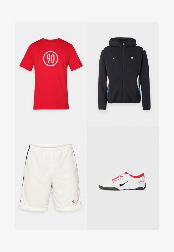Veste noire à capuche avec fermeture éclair, panneaux latéraux blancs et bleus, logo Nike sur la poitrine gauche, et petit emblème rectangulaire sur la poitrine droite.; T-shirt en coton rouge avec un graphique circulaire blanc portant le numéro "90" au centre. Encolure classique et manches courtes.; Shorts de sport blancs en tissu lisse avec une bande latérale noire et un logo Nike rouge sur l'ourlet inférieur gauche. Ceinture élastique incluse.; Chaussure de sport blanche avec des accents rouges, logo Swoosh noir et design texturé. Équipée de lacets blancs et d'une semelle noire. Le texte indique "total90".