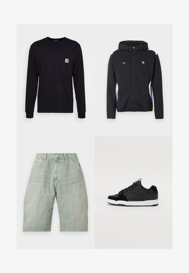 Schwarze Kapuzenjacke mit Reißverschluss, weißen und blauen Seitenpanelen, Nike-Logo auf der linken Brust und kleinem rechteckigem Emblem auf der rechten Brust.; Schwarzes Langarmshirt aus Baumwolle. Verfügt über eine Brusttasche mit einem quadratischen grauen Etikett und orangefarbigem Logo. Einfaches, einfarbiges Design.; Hellgrüne knielange Shorts mit großen Fronttaschen, Gürtelschlaufen und einem Knopfverschluss an der Taille.; Schwarze Sneakers mit einem strukturierten Leder- und synthetischen Obermaterial, ausgestattet mit einer weißen Gummisohle, roten Akzenten und durchlochten Seitenpaneelen.