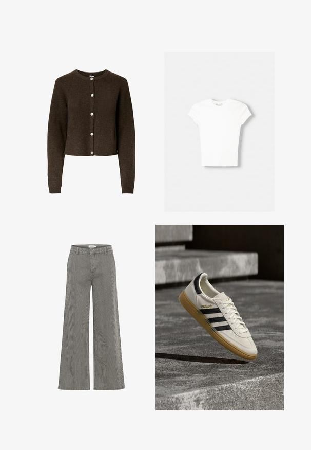 Brun ribbet cardigan med rund halsudskæring, frontknapper og lange ærmer. Har et struktureret strikmønster og cropped længde.; Hvid kortærmet t-shirt lavet af blød bomuld, med rund halsudskæring og en tætsiddende form. Ingen synlige mønstre eller udsmykninger.; Sort-hvide stribede vide bukser med høj talje, der har bæltestropper og en glat overflade. Velegnet til både afslappet og formelt brug.; Hvid Adidas Spezial sneaker med sorte striber og gummisål, svævende over grå stentrin udendørs.
