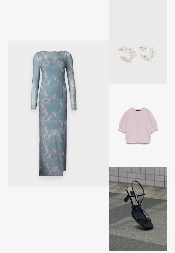 Lyse lavendel knap-ned cardigan med korte puffede ærmer og blødt tekstureret strikstof på hvid baggrund.; Langærmet, tætsiddende kjole i transparent teal-stof med et blomster mønster i pink og lilla. Har en rund halsudskæring og sidesømmer.; Sort hællet sandal med stropper, firkantet tå, guldfarvet spænde og guldkugledekoration på tåstroppen, placeret på asfalt nær flisebelagt væg.; Små sølvfarvede hoop-øreringe med et tekstureret mønster langs den ydre kant og klare plastikbagstøtter, vist på en lys baggrund.
