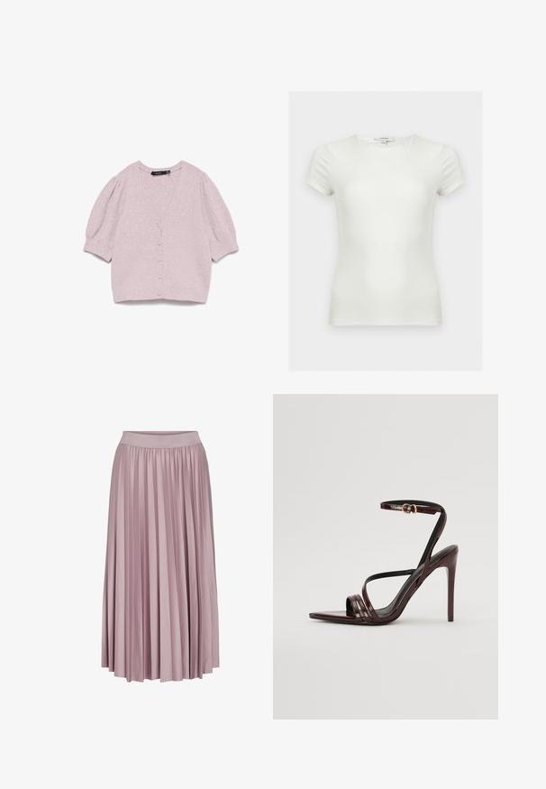 Lyse lavendel knap-ned cardigan med korte puffede ærmer og blødt tekstureret strikstof på hvid baggrund.; Plain hvid tætsiddende t-shirt med korte ærmer og rund halsudskæring, vist på en neutral baggrund.; Plisseret lang nederdel i blødt lyserødt stof med elastisk talje. Den glatte tekstur og det svungne design fremhæver dens samlede form.; Bordeaux laker læder højhælede sandal med ankelrem, spids tå og tre vandrette remme over foden. Detalje med spænde i guldtonet.