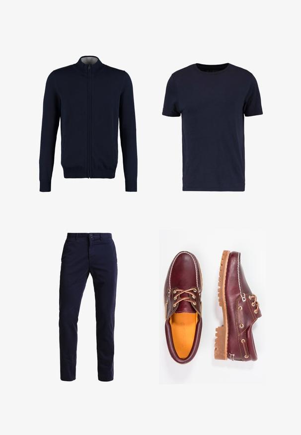 Marinefarbener Reißverschluss-Pullover mit hohem Kragen, gerippten Bündchen und Saum, glatter Textur und seitlichen Taschen. Flach gestricktes Design.; Pier One T-Shirt basic - dark blue; Marineblaue Chinohosen aus einem Baumwollmischgewebe, mit geradem Bein, Fronttaschen, einem Reißverschluss sowie einem einzelnen Knopfverschluss am Bund.; Bordeauxfarbene Lederschuhe mit braunen Gummisohlen, runder Zehenform, weißen Nähten und goldenen Ösen. Das Innenfutter weist eine gelbe Beschichtung auf.