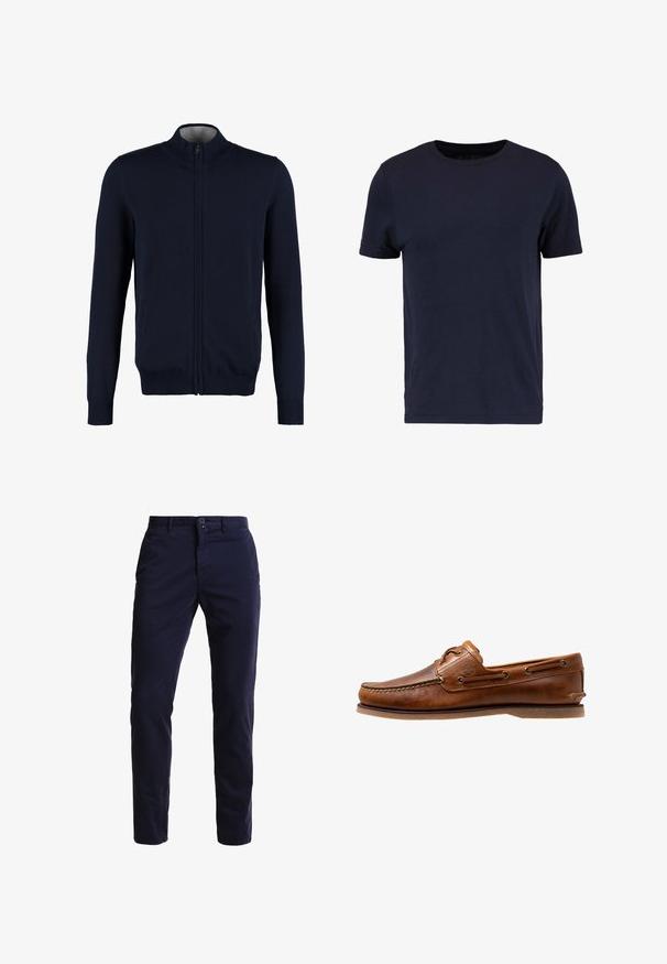 Marinefarbener Reißverschluss-Pullover mit hohem Kragen, gerippten Bündchen und Saum, glatter Textur und seitlichen Taschen. Flach gestricktes Design.; Pier One by Zalando T-Shirt basic - dark blue; Marineblaue Chinohosen aus einem Baumwollmischgewebe, mit geradem Bein, Fronttaschen, einem Reißverschluss sowie einem einzelnen Knopfverschluss am Bund.; Braune Lederbootsschuhe mit gesteppten Akzenten, metallischen Ösen, einer erhöhten Naht an der Zehe und einer flachen Gummisohle.