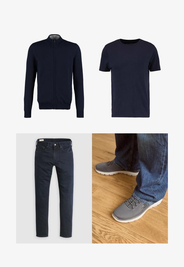 Gilet zippé bleu marine avec un col montant, des bords côtelés aux poignets et à l'ourlet, une texture lisse et des poches latérales. Design en tricot plat.; Pier One by Zalando T-shirt basique - dark blue; Jean en denim bleu foncé avec une coupe droite, design à cinq poches, fermeture à boutons à l'avant et détails de couture minimaux.; Des chaussures de sport grises avec une tige en maille, une semelle blanche et des lacets élastiques. Associées à un jean en denim bleu, sur un sol en bois.