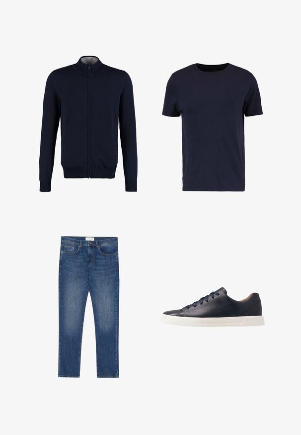 Navy zipsová mikina s vysokým golierom, rebrovanými manžetami a lemom, hladkým povrchom a bočnými vreckami. Plochý pletený dizajn.; Pier One by Zalando Základné tričko - dark blue; Pánske modré džíny s rovný strihom, piatimi vreckami, jemným vyblednutím a štandardným zapínaním na gombík a zips.; Námornícke kožené tenisky s hladkým povrchom, plochou bielou gumovou podrážkou, okrúhlou špičkou a šiestimi námorníckymi šnúrkami prevlečenými cez okrúhle očká.