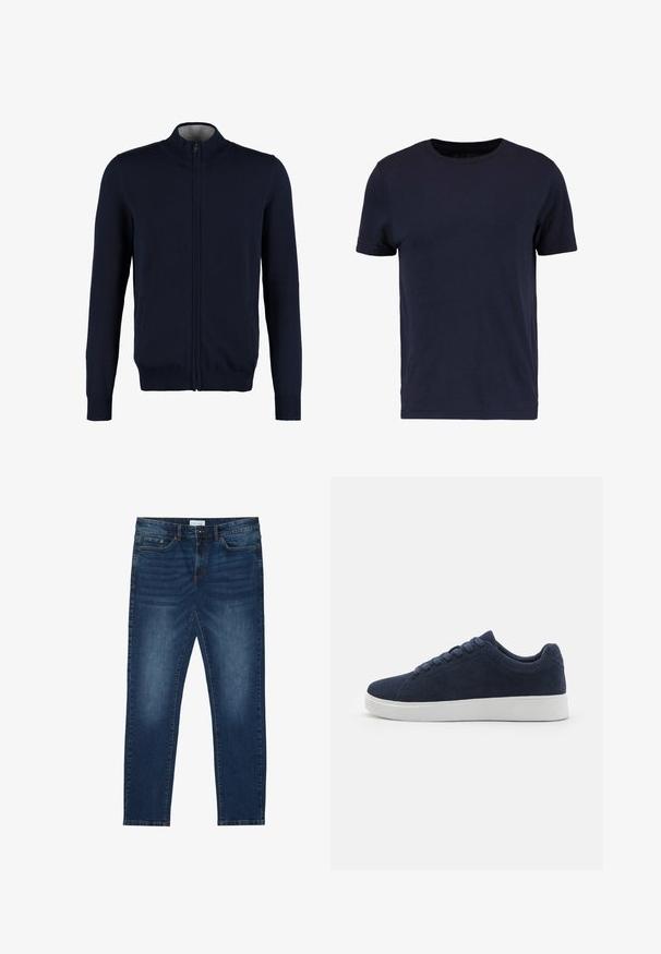 Gilet zippé bleu marine avec un col montant, des bords côtelés aux poignets et à l'ourlet, une texture lisse et des poches latérales. Design en tricot plat.; Pier One by Zalando T-shirt basique - dark blue; Jean slim-fit bleu foncé avec des détails délavés, design classique à cinq poches, fermeture à bouton et passants de ceinture.; Baskets en daim bleu marine avec un bout rond, semelle en caoutchouc blanc et six œillets pour lacets. Texture lisse et design minimal. Vue de côté présentée.