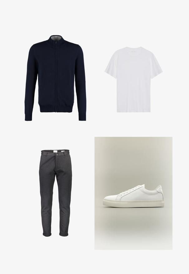 Gilet zippé bleu marine avec un col montant, des bords côtelés aux poignets et à l'ourlet, une texture lisse et des poches latérales. Design en tricot plat.; T-shirt en coton blanc à manches courtes, col rond et texture lisse. Présente un branding minimal au niveau du col.; Pantalon slim gris foncé en tissu doux, doté d'une fermeture à boutons, de passants pour ceinture et d'ourlets retroussés. Texture lisse sans motifs.; Baskets blanches basses à lacets sur l’avant et semelle épaisse, vues de côté sur un fond neutre.
