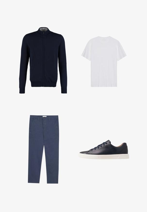 Gilet zippé bleu marine avec un col montant, des bords côtelés aux poignets et à l'ourlet, une texture lisse et des poches latérales. Design en tricot plat.; T-shirt en coton blanc à manches courtes, col rond et texture lisse. Présente un branding minimal au niveau du col.; Chinos en coton bleu marine avec une coupe droite, deux poches avant et des détails de couture subtils, dotés d'une taille avec fermeture à bouton.; Baskets en cuir bleu marine avec une finition lisse, semelle en caoutchouc blanc plat, bout arrondi et six lacets bleu marine passés à travers des œillets ronds.