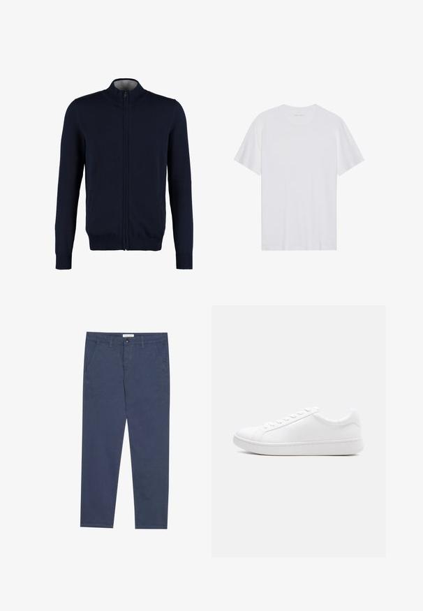 Cárdigan azul marino con cremallera, cuello alto, puños y dobladillo acanalados, textura suave y bolsillos laterales. Diseño de punto plano.; Camiseta de algodón blanca con mangas cortas, cuello redondo y una textura suave. Presenta una marca mínima en el escote.; Chinos de algodón azul marino con corte recto, dos bolsillos frontales y un sutil detalle de costura, que cuentan con una cinturilla con cierre de botón.; Zapatilla blanca de cuero liso con cierre de cordones, diseño bajo y suela gruesa de caucho, vista lateral sobre un fondo liso.